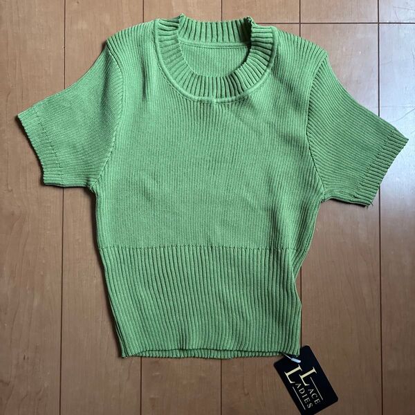 半袖カットソー 半袖ニット カットソー ニット リブ 半袖 トップス グリーン 黄緑 若草 LACE LADIES 未使用