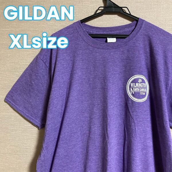 244 GILDAN ギルダン Tシャツ メンズ XL パープル クルーネック 半袖ビッグプリント