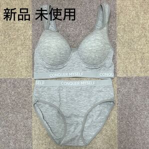 新品未使用 タグなし ブラショーツセット ノンワイヤーブラ 補正下着 ブラジャー Mサイズ ショーツ Mサイズ グレー