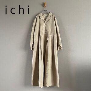 ichi イチ シャツタックワンピース オープンカラー 長袖 ベージュ レトロ