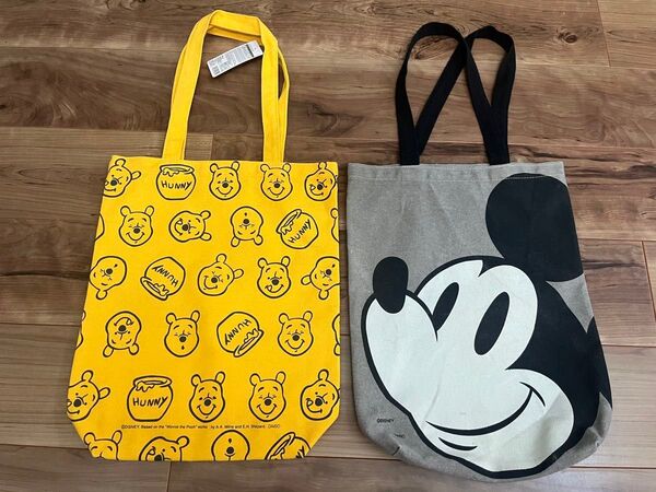 【新品】DAISOダイソーx Disneyディズニー限定★くまのプーさん&ミッキーマウス★フェイス柄トートバッグ/エコバッグセット