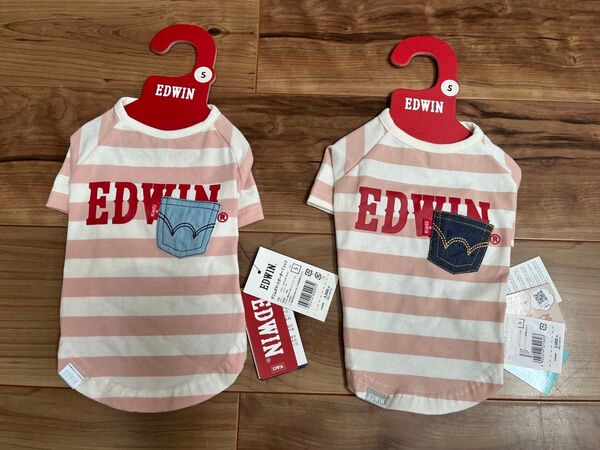 【新品】EDWINエドウィン★人気!デニムポケットボーダーTシャツ/小型犬用ドッグウェア/お揃い可能★ピンク(ボーダー柄)Sサイズ