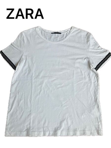 ZARAザラ★人気!ビジュー半袖Tシャツ/ビーズ付カットソー/コットン綿100%★ホワイト白/Sサイズ