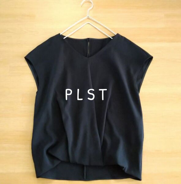 PLST プラステ Vネック フレンチスリーブ ブラウス ネイビー 大人綺麗 L 大きめサイズ
