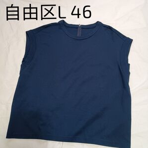 【美品】 自由区L 46 カットソー ネイビー 大きいサイズ 脇ガード 洗える