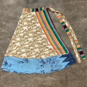Summer sale wrap around skirt エスニック 巻きスカート 花柄 カラフル ストライプ ベージュ 青