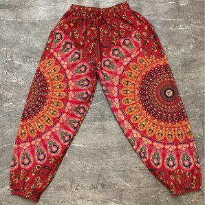 Unisex エスニック マンダラ柄 サルエルパンツ レッド系 (Eth.pnt.25701)