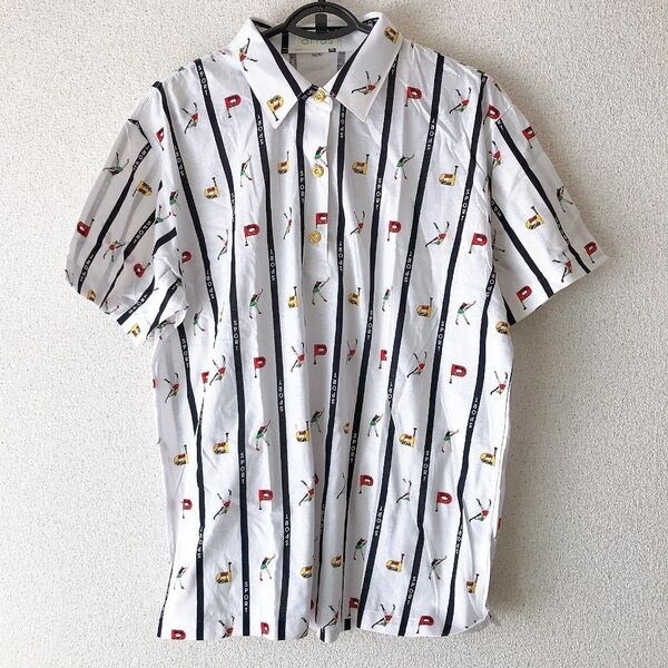 総柄 ストライプ Tシャツ カットソー 白 金ボタン L相当