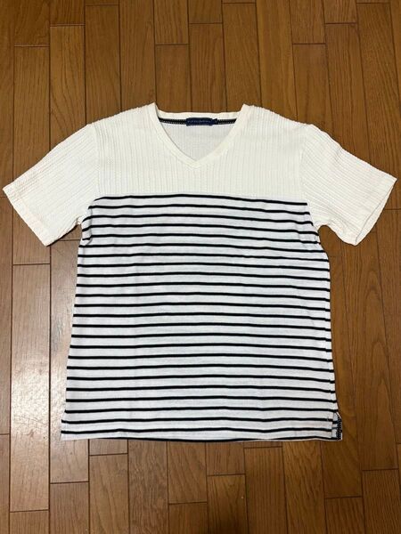 メンズ カットソー 半袖 オフホワイト ホワイト 白 紺色 ネイビーボーダー リブ 切り替え トップス Tシャツ L