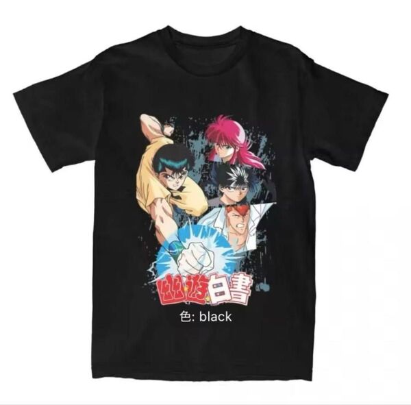 幽☆遊☆白書のキャラクターがプリントされた黒いTシャツ。