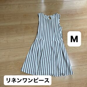 リネン素材ストライプワンピース ひざ上 M 夏物 春物 ノースリーブ リネンブレンド 白 ガーリー