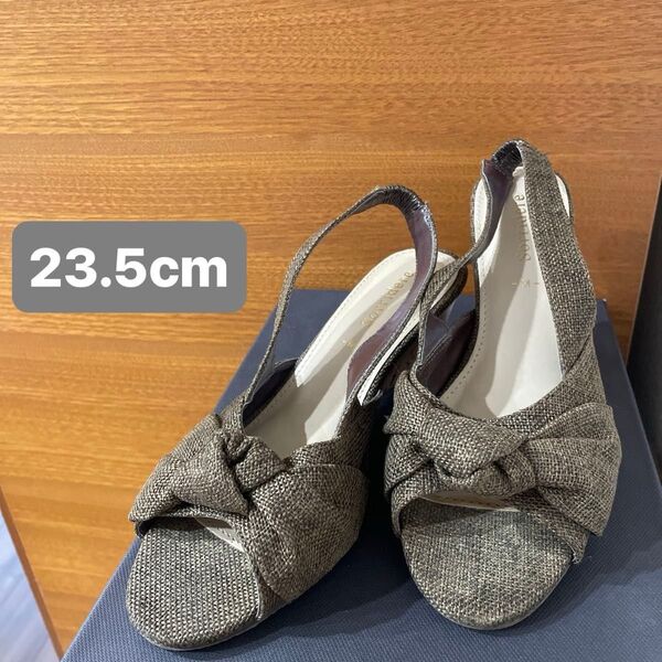 オープントゥサンダル リボン 23.5cm カーキ グリーン コルクヒール シューズ 履き心地抜群 夏 M