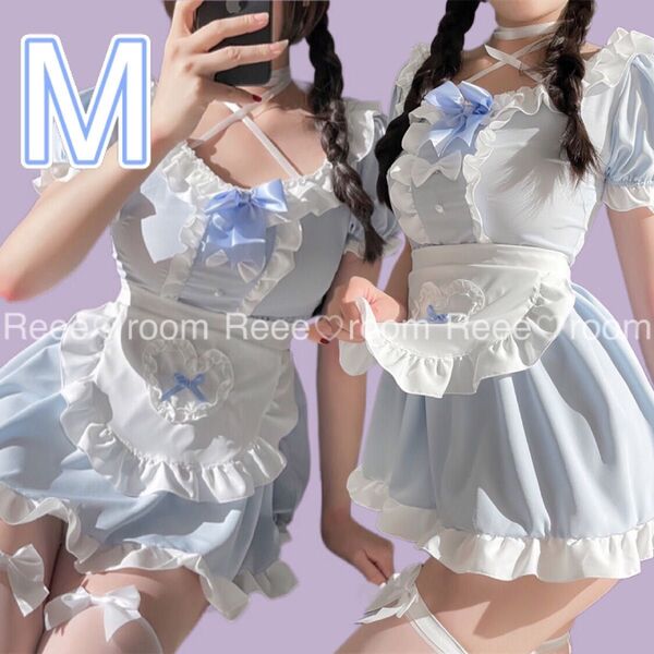 コスプレ衣装 メイド服 Mサイズ コスチューム 半袖 ミニワンピース 水色 量産型 地雷系 ロリータ 萌え コンカフェ 仮装 衣装