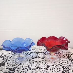 沖縄ガラス工芸品 コンポート青色&赤色