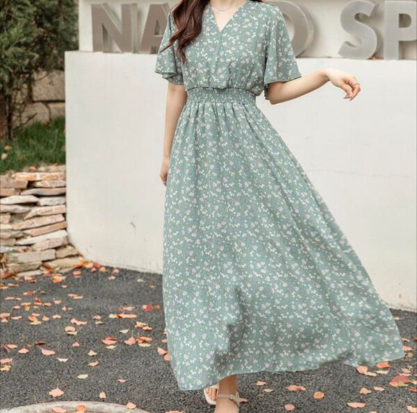 小花柄 ロングワンピース グリーン Vネック フレア