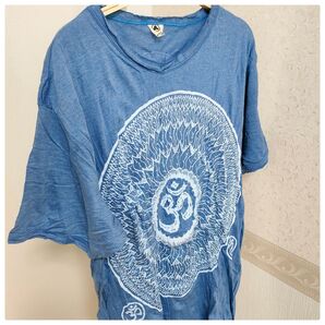 曼荼羅柄 Tシャツ 青 ユニセックス ダボT シワ加工 コットン100%