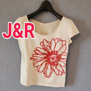 【お値下げ・S~M】J&R ベージュ フレンチ袖半袖Tシャツ ビーズ花柄 トップストップス Tシャツカットソー フレンチスリーブ