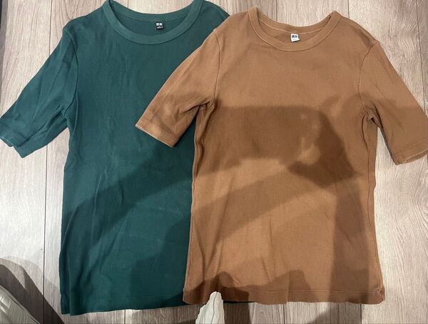 【UNIQLO】リブクルーネックT 二枚セット ブラウン グリーン