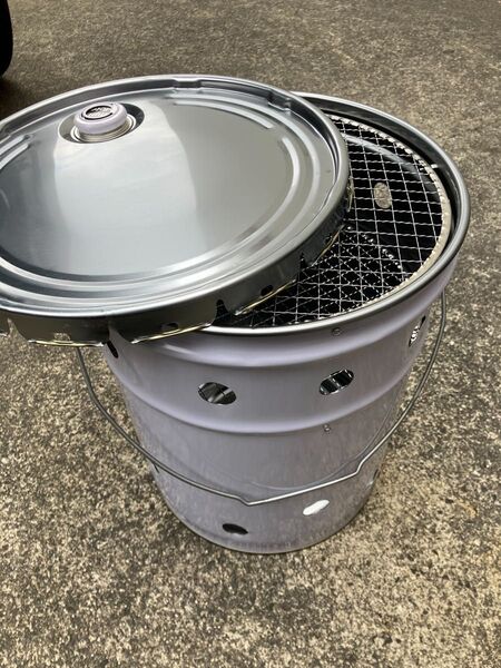 ペール缶BBQコンロ 網2枚&フタ付き【白色】焼却炉 ストーブ ハンドメイド
