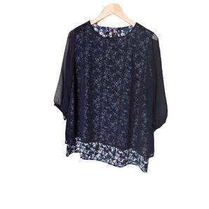 Scroll 花柄 シフォン チュニック プルオーバー ブラック 七分袖 L