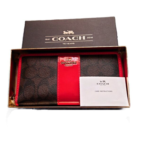 COACH コーチ 財布 長財布 ブラウン レッド 箱有り