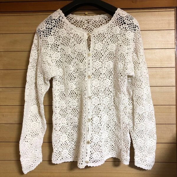 かぎ針風 花モチーフ レース ガーデ 長袖 カーディガン トップス M 花柄 白 ブラウス