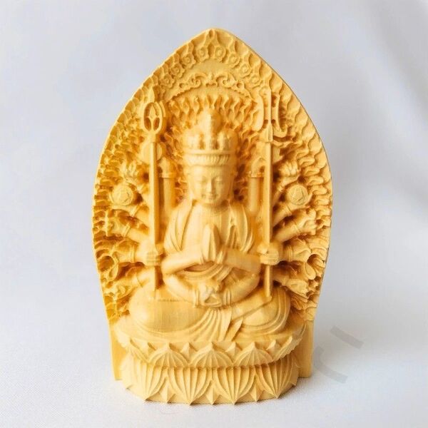 千手観音像 仏像 木彫り お守り 柘植 コンパクト ミニ 懐中 子年 守本尊 十一面千手千眼観音菩薩像 密教 金運 開運 厄除け