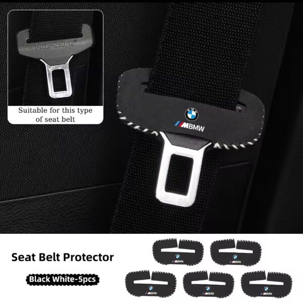 【新品!5個セット1台分!】BMW用 シートベルト バックル 保護カバー ブラック×ホワイトステッチ!