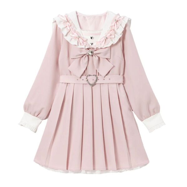 夢展望 セーラー ビジュー レース フリル ワンピース 長袖 膝上 ピンク M