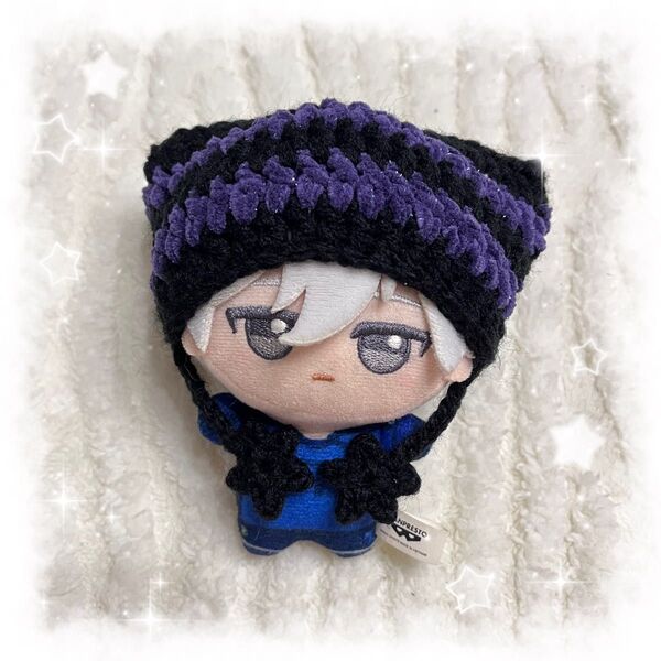 【在庫残2】編み物 ちびぐるみ ぬい服 猫耳ニット帽 ブラック×キラキラパープル