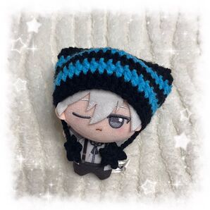 編み物 ちびぐるみ ぬい服 猫耳ニット帽 ブラック×シアンブルー