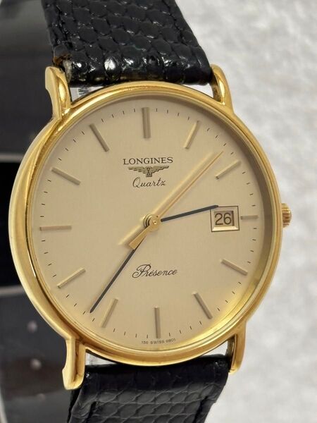 【美品】LONGINES ロンジン プレザンス クォーツ【156 6801】デイト 純正尾錠 文字盤:ゴールド【稼働品】メンズ
