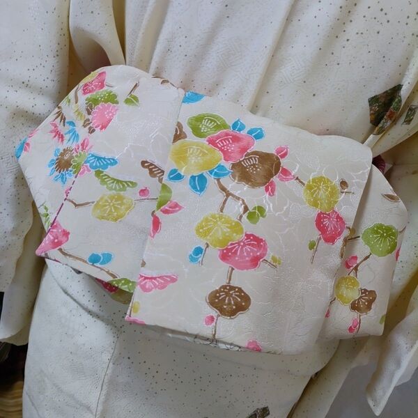 大人の兵児帯半幅帯ハンドメイド澪着物リメイク正絹クリーム色花柄