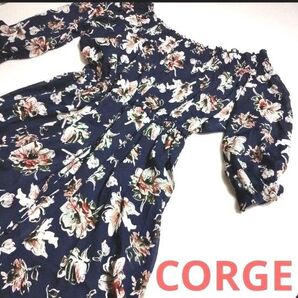 USED★CORGE・レディースワンピース・オフィショル・ミモレ・五分袖・フレア・シフォン・フリーサイズ・柄物・花柄