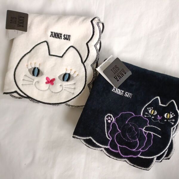 ANNA SUI 刺繍 ネコと薔薇 猫 タオルハンカチ ハンカチ アナスイ