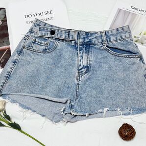 ☆訳あり☆レディース デニム ショットパンツ 半パンツ おしゃれ ユニック スナップ式 ポケット付き DK101 カジュアル L