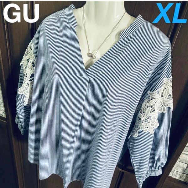 GU【XL】ブルーストライプ柄袖レースデザイン七分袖チュニックシャツ