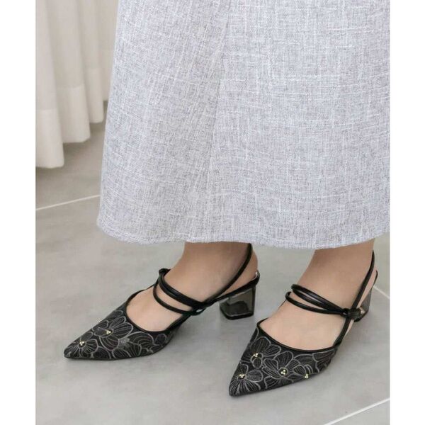 フラワー刺繍バックストラップパンプス (BLACK)RANDA Mサイズ