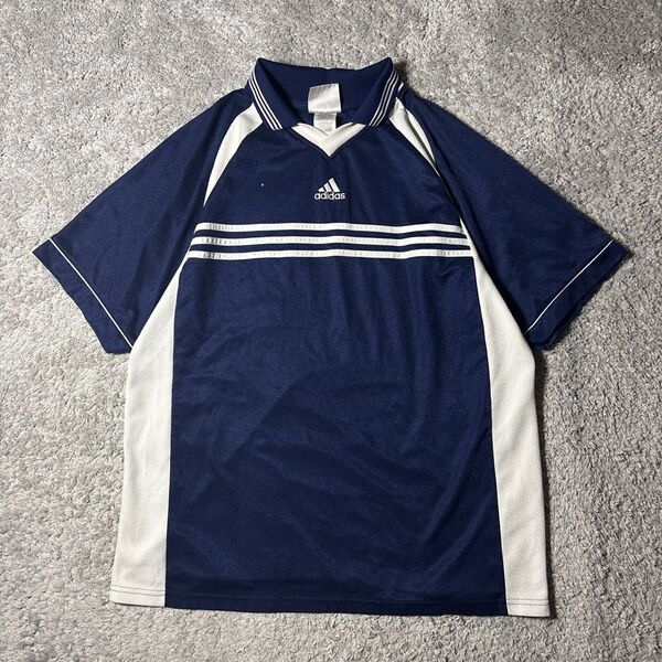 アディダス adidas 半袖 90s ワンポイント刺繍 ロゴ刺繍 ネイビー ゲームシャツ tシャツ ユニセックス 古着