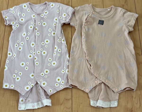 【夏服】ベビー服 ロンパース 2枚セット ピンク 60.70サイズ くすみカラー 女の子 花柄 シンプル