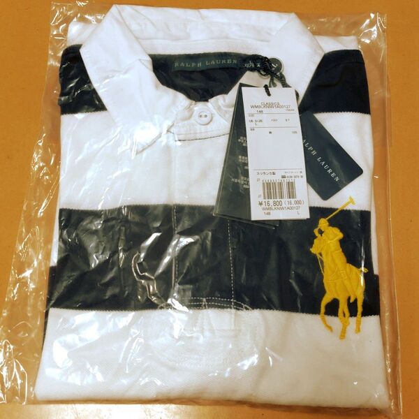 POLO RALPH LAURENビッグポニー半袖ポロシャツ黄色イエローLサイズ170/96Aボーダー白ストライプ紺色ネイビー