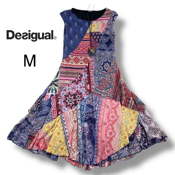 パッチワーク Desigual デシグアル ノースリーブロングワンピース パワーネット ペイズリー Mサイズ相当