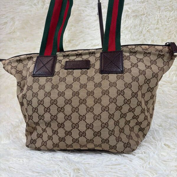 大人気 グッチ キャンバス トートバッグ GG柄 ロゴ型押し シェリーライン GUCCI レザー