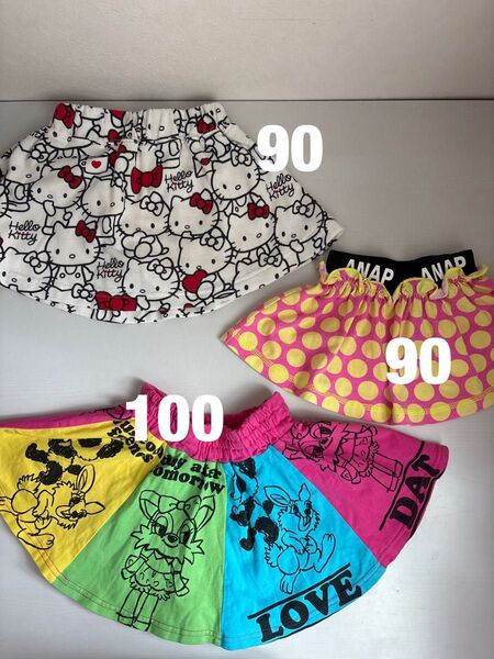 キッズ 女の子 スカート キティちゃん*水玉*どうぶつ 90〜100サイズ 3枚セット まとめ売り