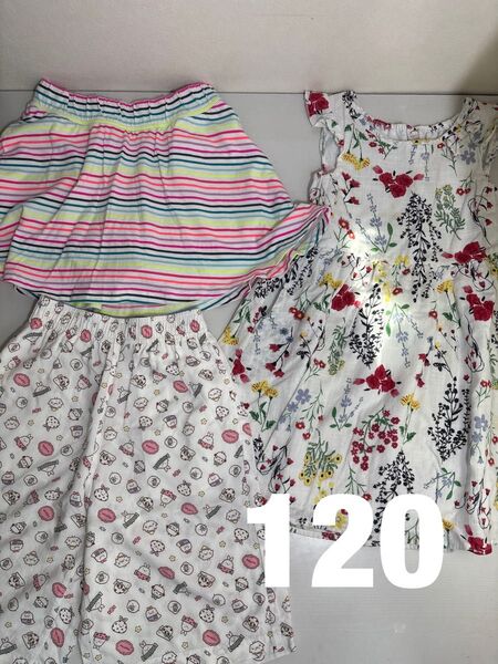 キッズ 女の子 花柄ワンピース*カラフルしましまスカート*すみっコぐらしステテコ 120サイズ 3点セット