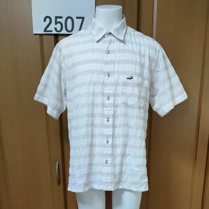 クロコダイル半袖シャツM/L 薄ピンクボーダー 夏の快適素材ソフィスタ混 クラレの高機能素材 胸ポケットCrocodile刺繍入り