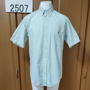 ラルフローレン・半袖シャツS/M グリーン/白細ストライプ ワッシャー感のあるぷくぷくしたポプリン系素材 Ralph Lauren