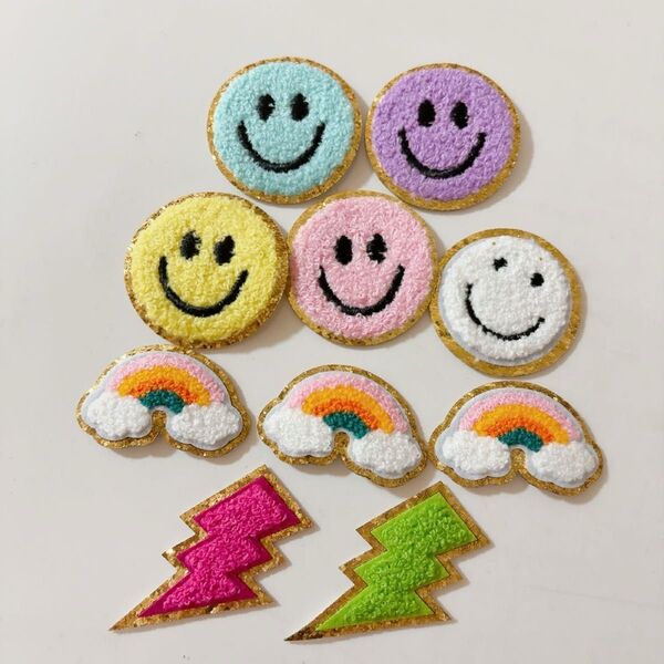 アイロンワッペン スマイル レインボー イナズマ 10枚セット アイロン接着 刺繍パッチ 可愛い ニコちゃん 虹 ワンポイント