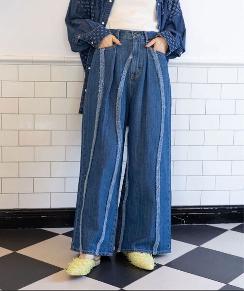 niko and ニコアンド FRINGE WIDE DENIM フリンジワイドデニム ブルー L パンツ レースフリル