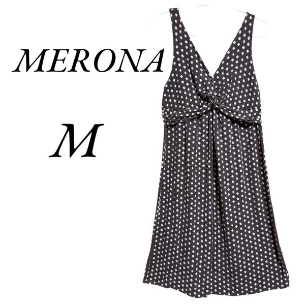 MERONA ノースリーブワンピース 膝丈ワンピース ブラウン ドット柄 M ワンピース 総柄 キャミソールワンピース